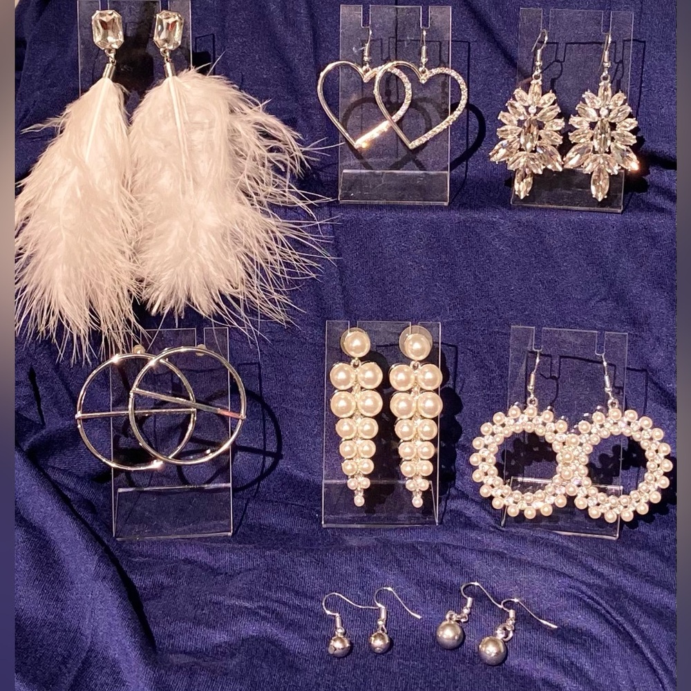 Silver tone Paparazzi earrings 8 pair rhinestones, faux pearls